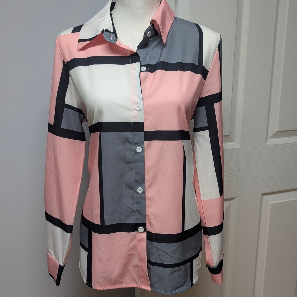 Pink and Gray Block Women's Top Size L